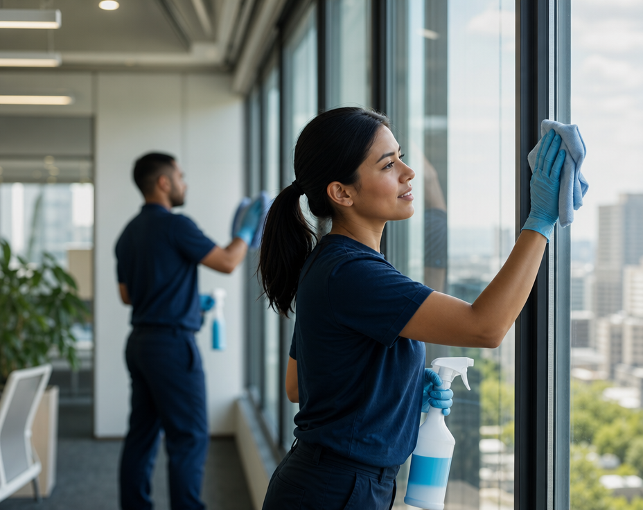 Professional cleaner detailing a modern office space